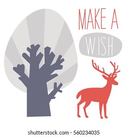 Vector illustration. Make a wish. Silhouette of a deer and a cartoon tree. Manual inscription.