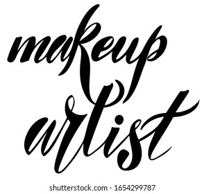Ilustración vectorial de texto Makeup Artist para logotipo, t-pantalones, banner, revista, afiche, decoración, postal. Fondo de caligrafía artística maquillada. Maquillaje de artista. EPS 10.