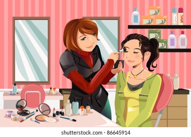 A vector illustration of a makeup artist working on a client at a beauty salon