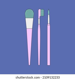 Vector illustration of makeup brushes for blush, lashes. Beauty products and online shopping. Korean cosmetics. Can be used as illustration in magazine, banner, social media, highlights, web design