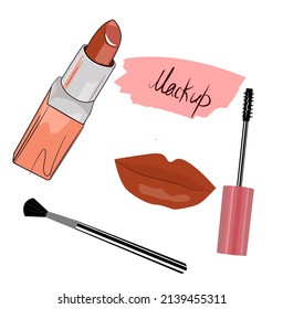 Vector illustration of makeup items. Makeup brush, lipstick, mascara, lips