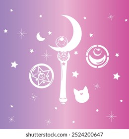 vector illustration of  makeup mirror in the shape of a star, moon scepter, cat silhouette and stars with moons