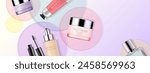 Vector illustration of makeup products. Cosmetic packages on the background of colorful glass circles. Advertising mockup, beauty banner template in pastel colors.