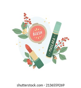 Vector illustration with makeup products and floral decor.