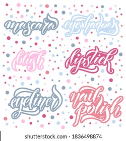 Vector illustration of Makeup Stickers for website, social network, banner, poster, decoration, label, cosmetics. Makeup Stickers: mascara, eye shadows, blush, lipstick, eyeliner, nail polish. EPS 10.