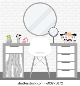Vector illustration with make-up vanity table, chair, mirror and cosmetics product in flat style