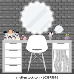 Vector illustration with make-up vanity table, chair, mirror and cosmetics product in flat style