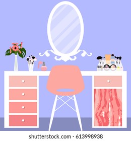 Vector illustration with make-up vanity table, chair, mirror and cosmetics product in flat style