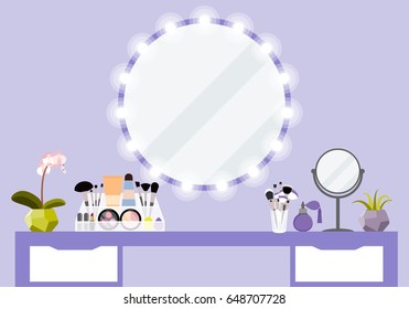 Vector illustration with make-up vanity table, mirror and cosmetics product in flat style