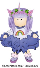 vector illustration, making dolls, handmade. logo for women making handmade dolls, for children's shops.Tilda unicorn doll.