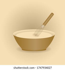 Vector illustration of making dough for pancakes. Can be used for recipes, cooking sites. In brown, beige tones.