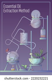 Vector illustration of making essential oil and flower water in chemistry laboratory. Mortar and pestle, glass bottle, flask. Cosmetic, perfumery, aromatherapy. 