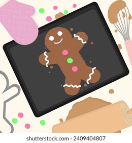 Vector illustration of making giant gingerbread on the kitchen table with another kitchen tools