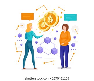 Vector illustration making investments for bitcoin and blockchain. Woman asks about bitcoin, People thinking and discussion about bitcoins. Vector illustration in flat style