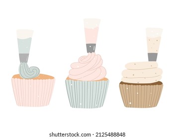 Vector illustration making three cupcakes decorating with cream in flat style for stickers, banner, card, print