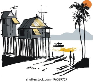 Vector Illustration Of Malay Fishing Village, Singapore Asia