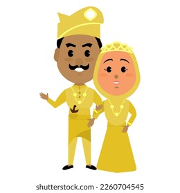 Vector illustration: Malay Muslim bride and groom in gold-colored outfits