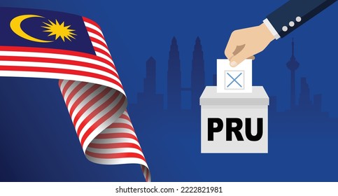 Vector illustration of Malaysia Election, Malaysia General Election Day concept common known as PRU. Malaysian Flag and a city skyline of Kuala Lumpur..