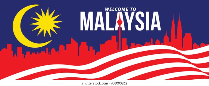 Vector illustration of Malaysia flag and city of Kuala Lumpur. Welcome to Malaysia