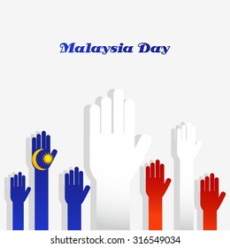 Vector illustration of Malaysia flag with group of hands for Malaysia Day.