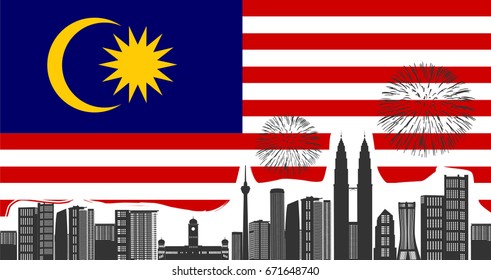 Vector illustration of Malaysia flag and silhouette Kuala Lumpur city 