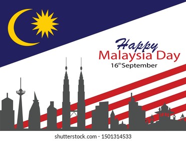 Vector illustration of Malaysia flag white background with words HAPPY MALAYSIA DAY 16 SEPTEMBER 