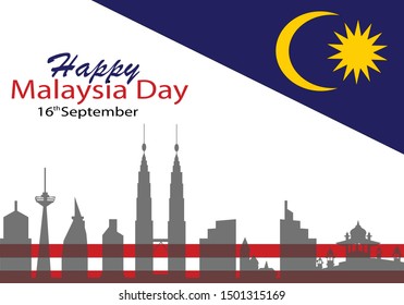 Vector illustration of Malaysia flag white background with words HAPPY MALAYSIA DAY 16 SEPTEMBER 
