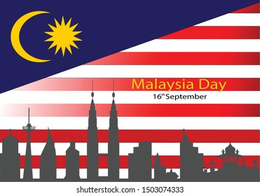 Vector illustration of Malaysia flag white background with words MALAYSIA DAY 16 SEPTEMBER