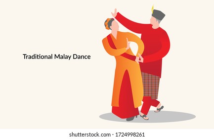 Vector illustration of a Malaysian couple performing a transitional Malay dance moves. 