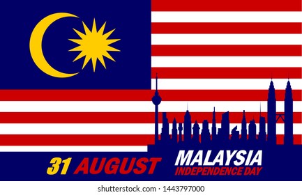 Vector Illustration of Malaysia's Independence day concept. Malaysian Flag with text MALAYSIA INDEPENDENCE DAY