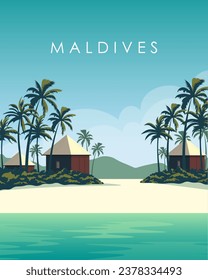 Ilustración vectorial. Maldivas, afiche de viaje, pancarta, postal. Turismo, viajes.