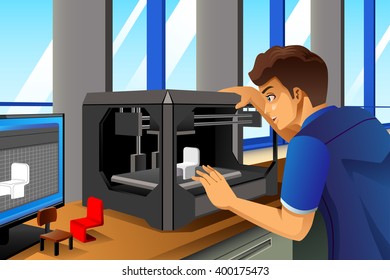 A vector illustration of male architect using a 3D printer in office