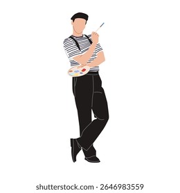 Vector illustration of a male artist holding a brush and paint palette. Dressed in striped shirt and beret, ideal for creative, art, painting, or artistic profession themes.
