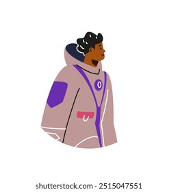 Vector illustration of a male astronaut with dark skin and protective gray suit on isolated background. Flat cartoon style character depicted close-up with side view.