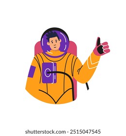 Ilustración vectorial de un astronauta masculino en traje espacial y casco demostrando un gesto. Un icono con un carácter, perfecto para temas de ciencia y espacio.