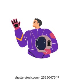 Vector illustration with a male astronaut in a spacesuit holding a helmet in his hands. Icon with the character perfect for science and space themes.