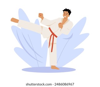 Ilustración vectorial con un atleta masculino en un kimono mostrando una pose marcial y técnica de karate. Entrenamiento de artes marciales resaltado sobre un fondo blanco.