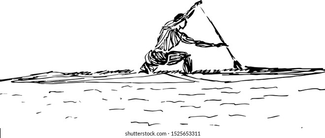 Vector illustration of a male athlete paddling in a canoe during a flatwater sprint, captured in dynamic motion with stylized black ink strokes on white background.