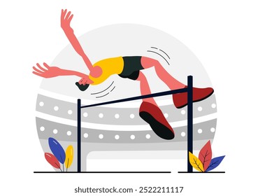 Vector Illustration of a Male Athlete Performing a High Jump, Combining Speed and Technique to Soar Over the Bar in a Flat Style Cartoon Background