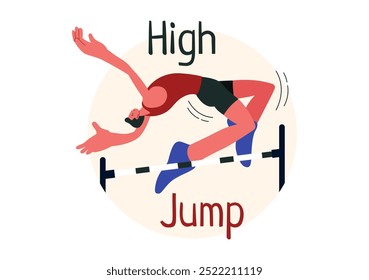 Vector Illustration of a Male Athlete Performing a High Jump, Combining Speed and Technique to Soar Over the Bar in a Flat Style Cartoon Background