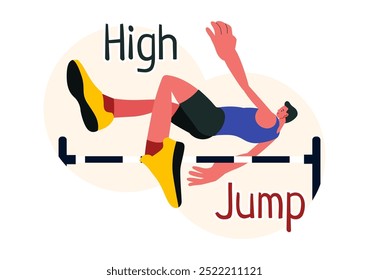 Vector Illustration of a Male Athlete Performing a High Jump, Combining Speed and Technique to Soar Over the Bar in a Flat Style Cartoon Background