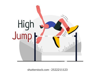 Vector Illustration of a Male Athlete Performing a High Jump, Combining Speed and Technique to Soar Over the Bar in a Flat Style Cartoon Background