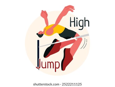 Vector Illustration of a Male Athlete Performing a High Jump, Combining Speed and Technique to Soar Over the Bar in a Flat Style Cartoon Background