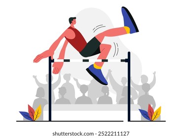 Vector Illustration of a Male Athlete Performing a High Jump, Combining Speed and Technique to Soar Over the Bar in a Flat Style Cartoon Background