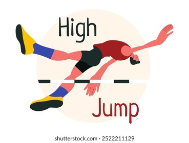 Vector Illustration of a Male Athlete Performing a High Jump, Combining Speed and Technique to Soar Over the Bar in a Flat Style Cartoon Background