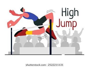 Vector Illustration of a Male Athlete Performing a High Jump, Combining Speed and Technique to Soar Over the Bar in a Flat Style Cartoon Background