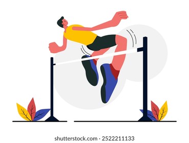 Ilustração vetorial de um atleta masculino realizando um salto alto, combinando velocidade e técnica para voar sobre a barra em um plano de fundo de desenhos animados de estilo plano