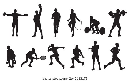 Vector illustration of male athletes in various workout and sport poses. Includes weightlifting, running, jumping rope, stretching, playing tennis, sprinting, and functional training
