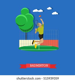 Vector illustration of male badminton player jumping and doing smash shot on the outdoor court. Sportsman trains with racket and shuttlecock outside. Flat design