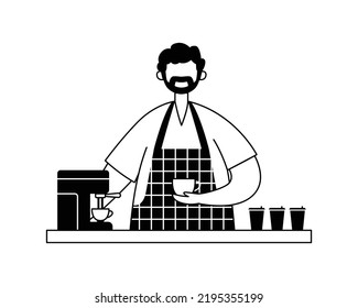 Vector illustration of a male barista with a cup of coffee at the bar. Outline